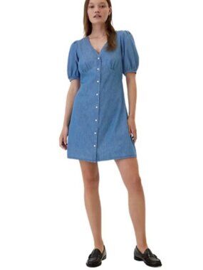 GAP DENIM DRESS BUTTON FRONT PUFF SLEEVES EMPIRE WAIST COTTON SIZE XL